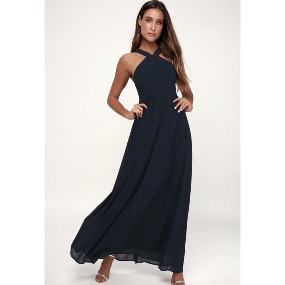 NWT Lulus Air of Romance Navy Blue Halter Maxi Dress Women's Size Medium M
